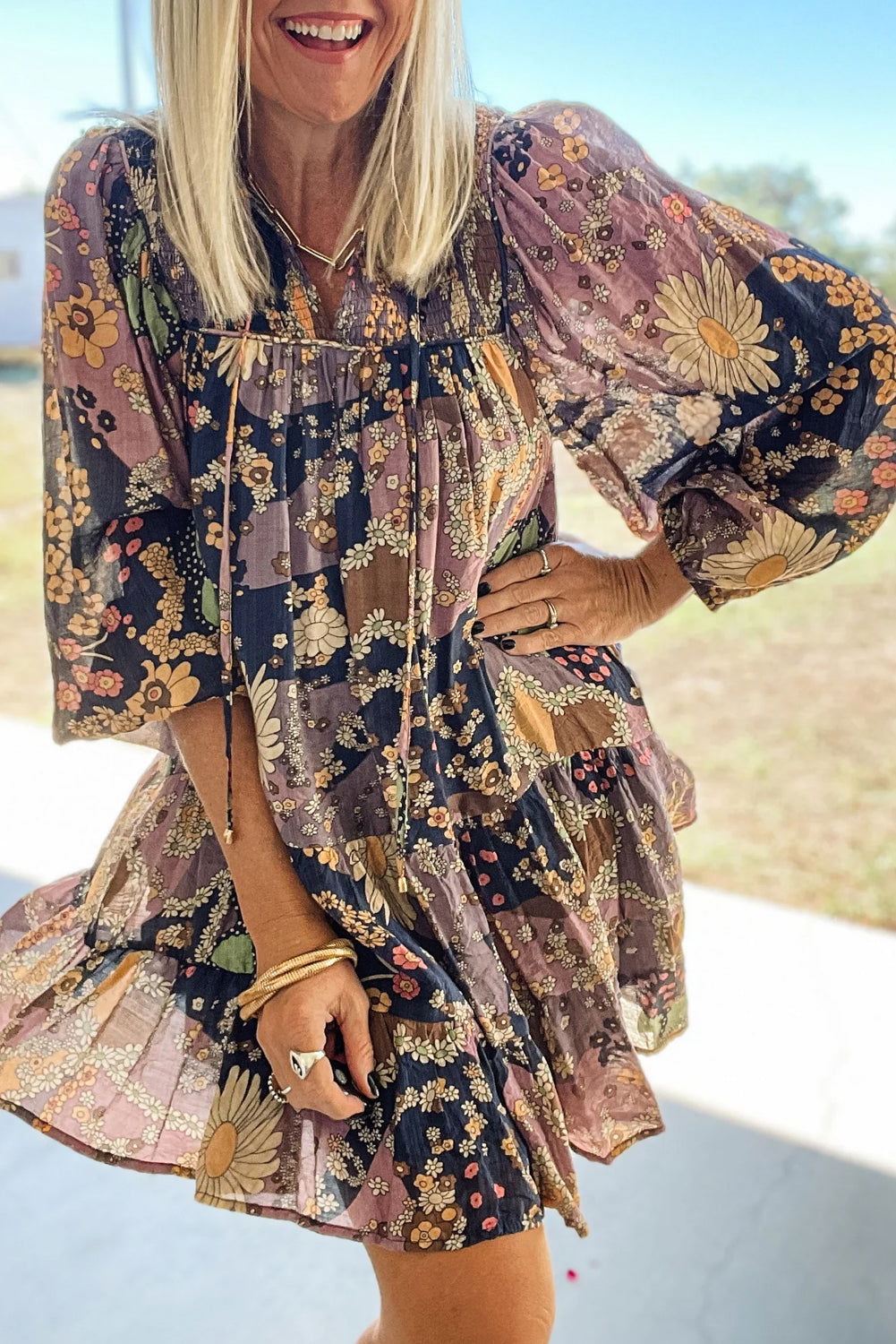 Purple Boho Floral Print Puff Sleeve Flowy Mini Dress - Vesteeto