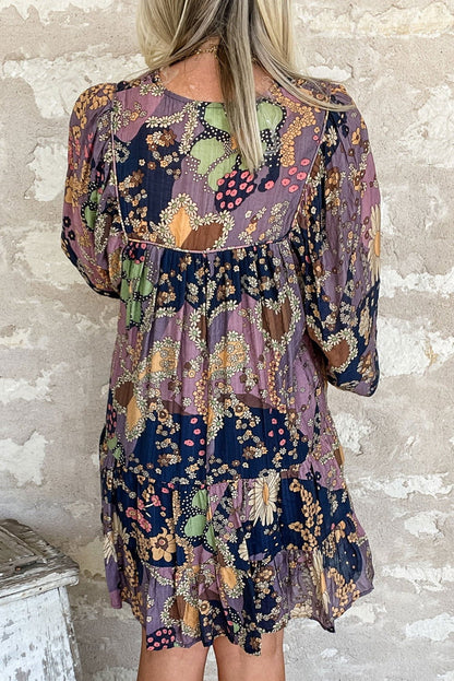 Purple Boho Floral Print Puff Sleeve Flowy Mini Dress - Vesteeto