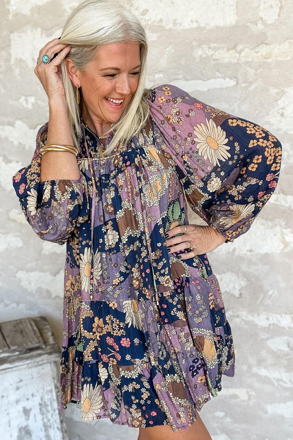 Purple Boho Floral Print Puff Sleeve Flowy Mini Dress - Vesteeto