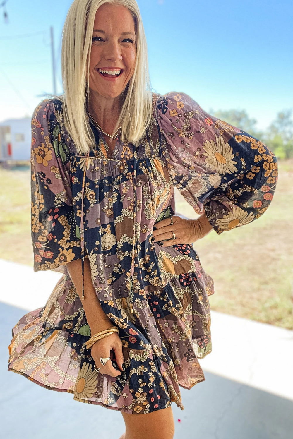 Purple Boho Floral Print Puff Sleeve Flowy Mini Dress - Vesteeto