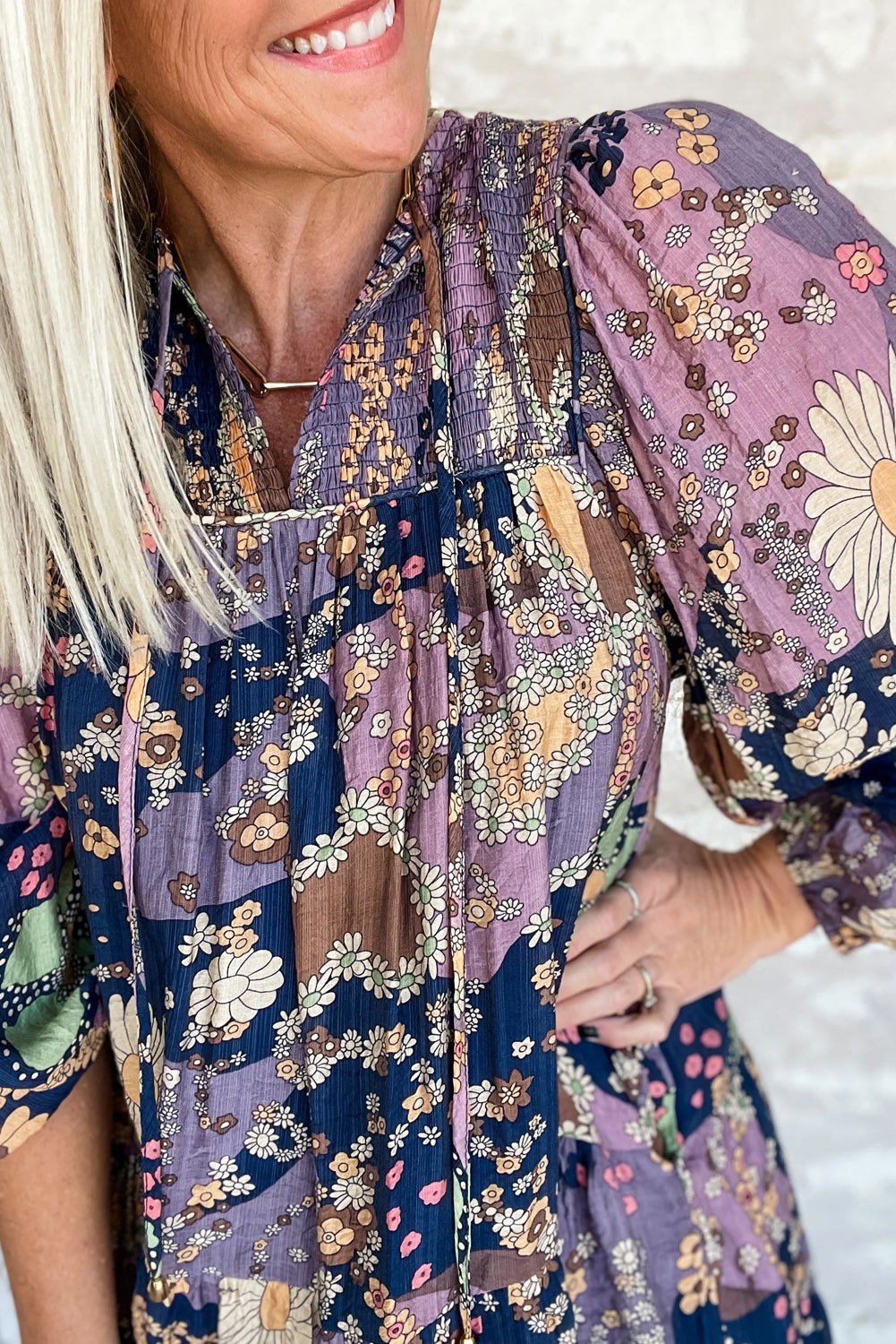 Purple Boho Floral Print Puff Sleeve Flowy Mini Dress - Vesteeto