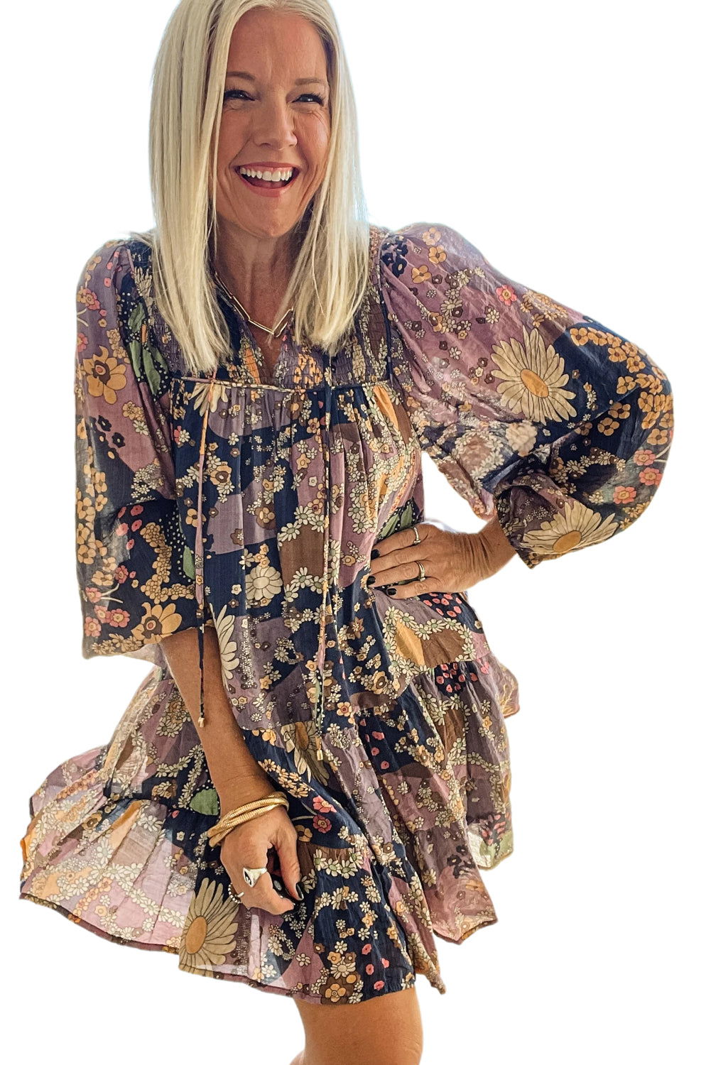 Purple Boho Floral Print Puff Sleeve Flowy Mini Dress - Vesteeto