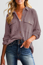 Purple Button Down Raw Hem Ribbed Shirt Shacket - Vesteeto