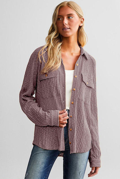 Purple Button Down Raw Hem Ribbed Shirt Shacket - Vesteeto