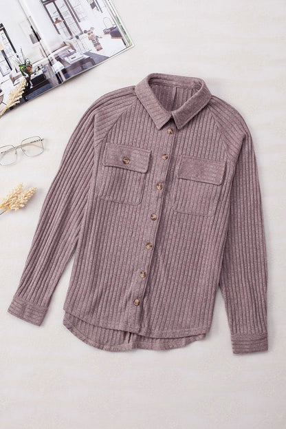 Purple Button Down Raw Hem Ribbed Shirt Shacket - Vesteeto