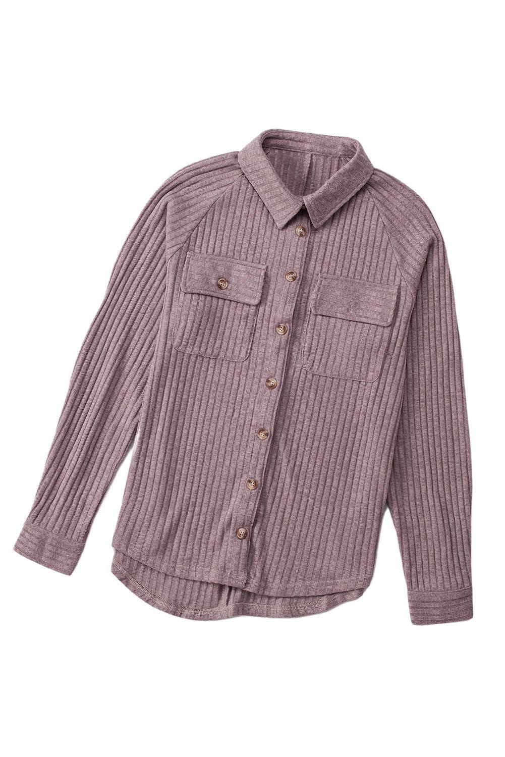 Purple Button Down Raw Hem Ribbed Shirt Shacket - Vesteeto