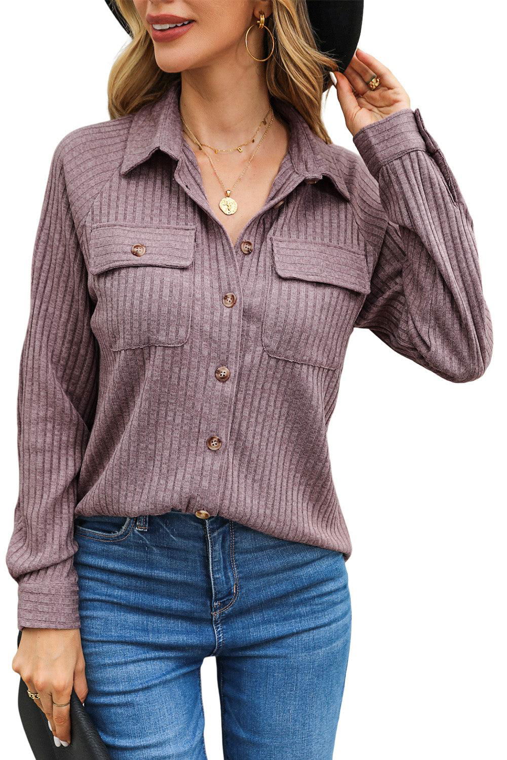 Purple Button Down Raw Hem Ribbed Shirt Shacket - Vesteeto