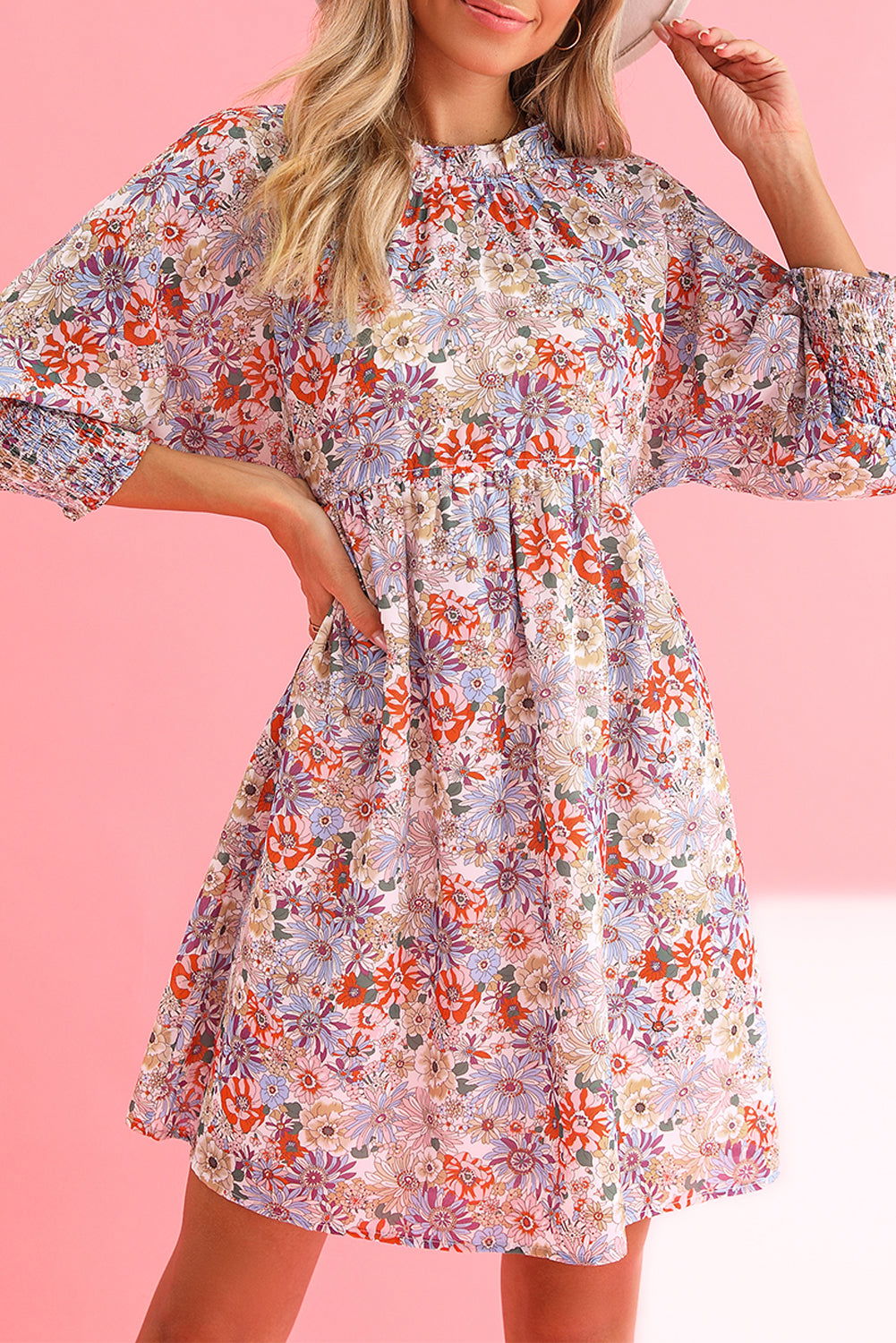 Purple Floral Boho Frilled Neck Shirred Cuffs Mini Dress - Vesteeto