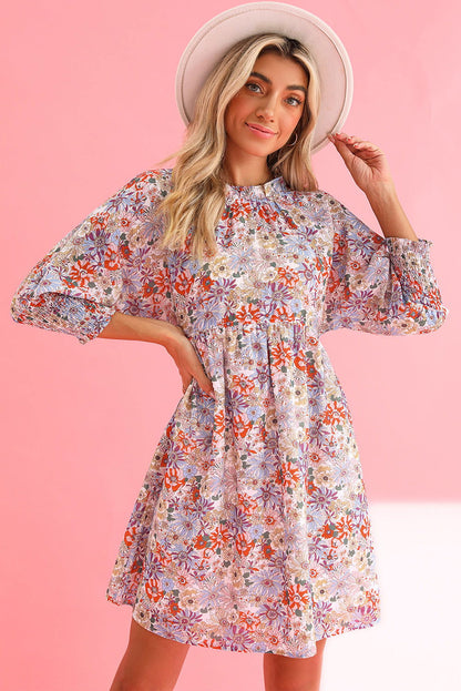 Purple Floral Boho Frilled Neck Shirred Cuffs Mini Dress - Vesteeto