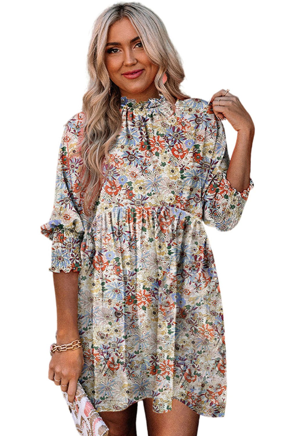 Purple Floral Boho Frilled Neck Shirred Cuffs Mini Dress - Vesteeto