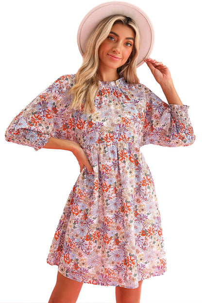 Purple Floral Boho Frilled Neck Shirred Cuffs Mini Dress - Vesteeto