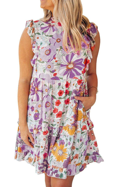 Purple Floral Boho Ruffle Pocket Tiered Short Dress - Vesteeto