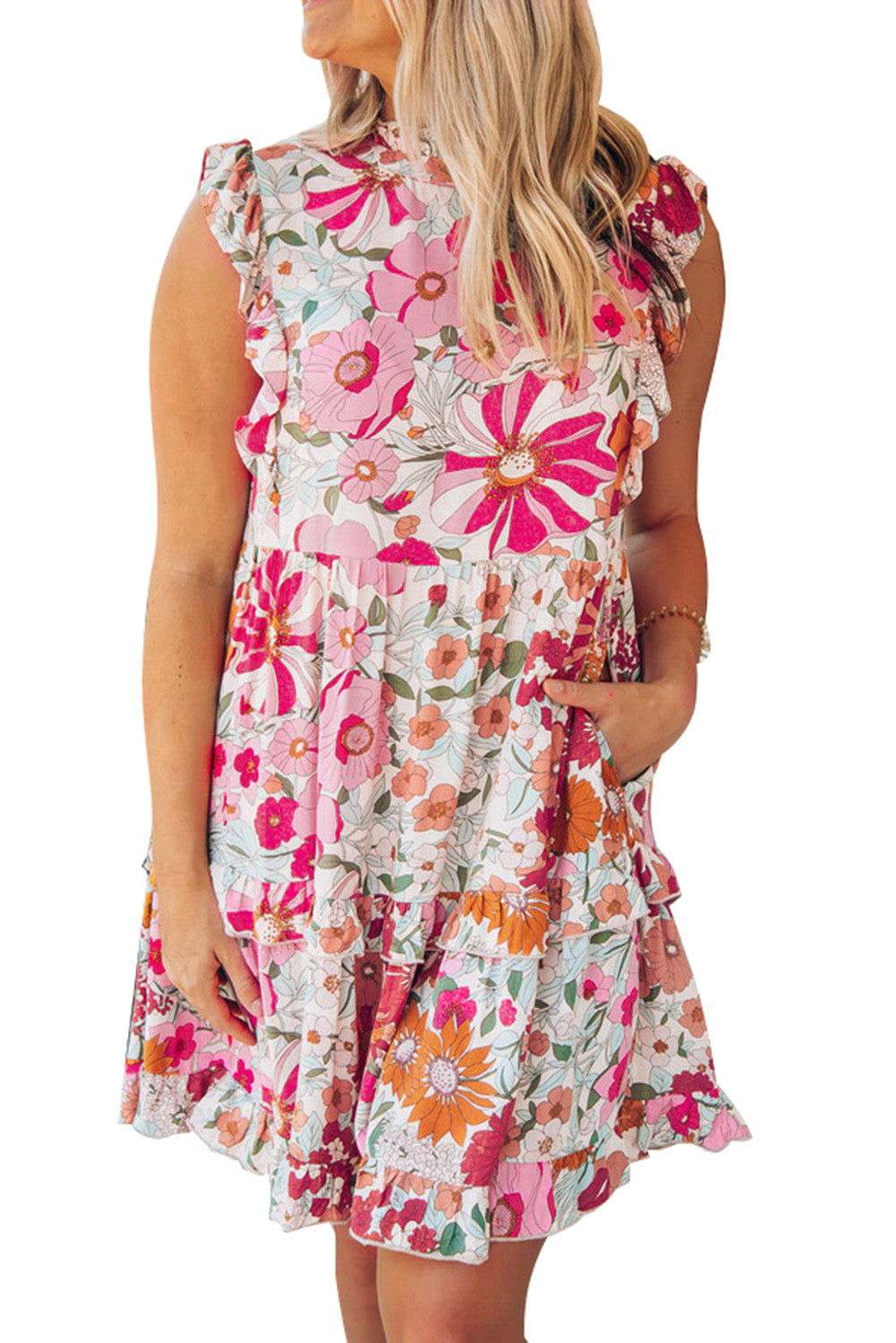 Purple Floral Boho Ruffle Pocket Tiered Short Dress - Vesteeto