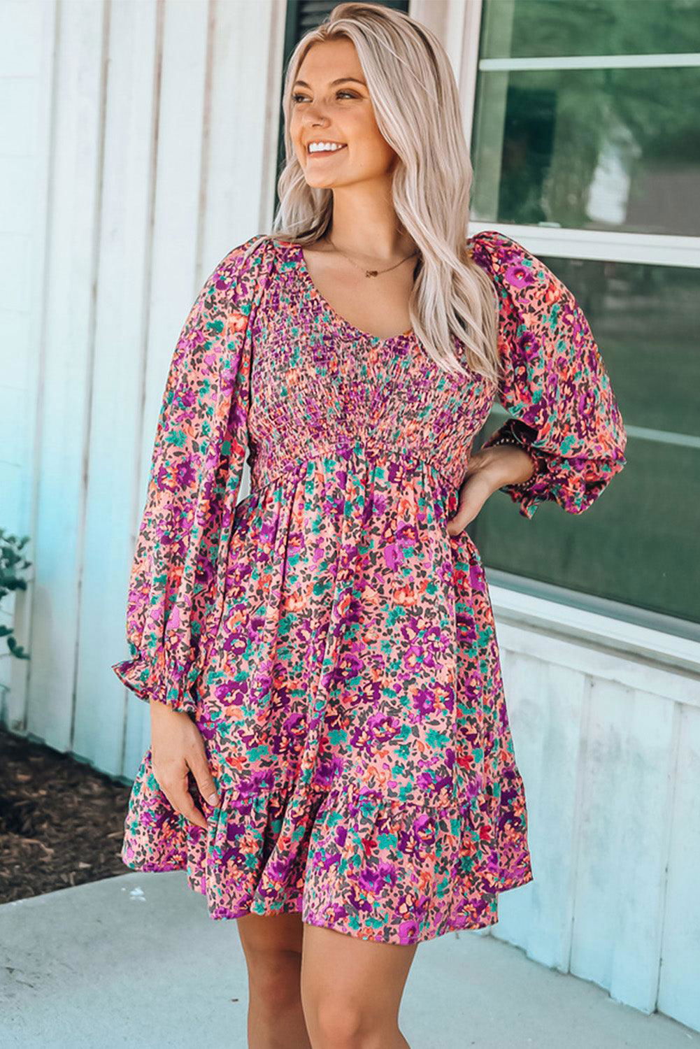 Purple Floral Flounce Dress - Vesteeto