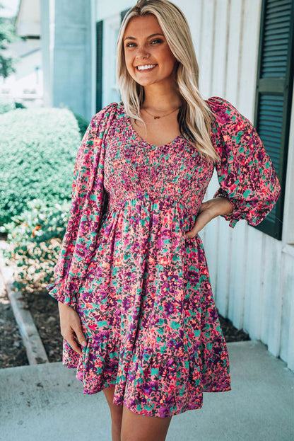 Purple Floral Flounce Dress - Vesteeto