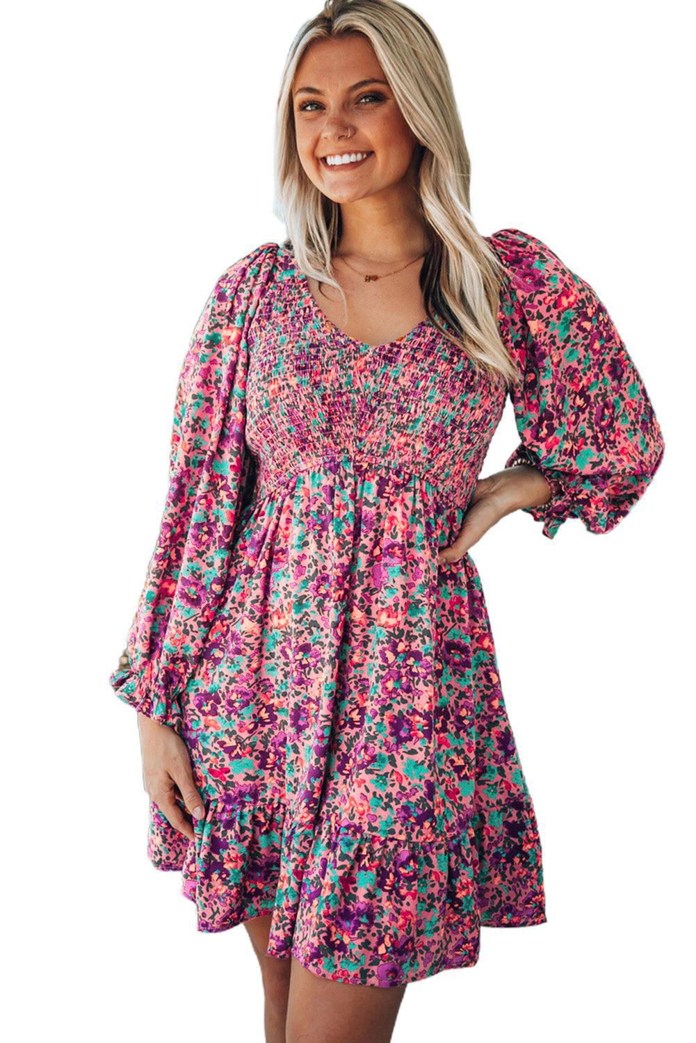 Purple Floral Flounce Dress - Vesteeto