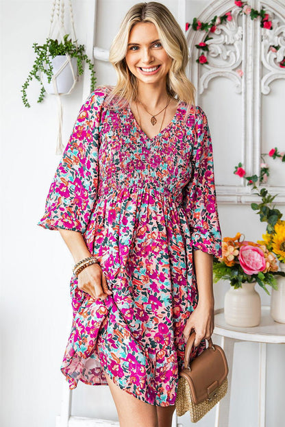 Purple Floral Flounce Dress - Vesteeto