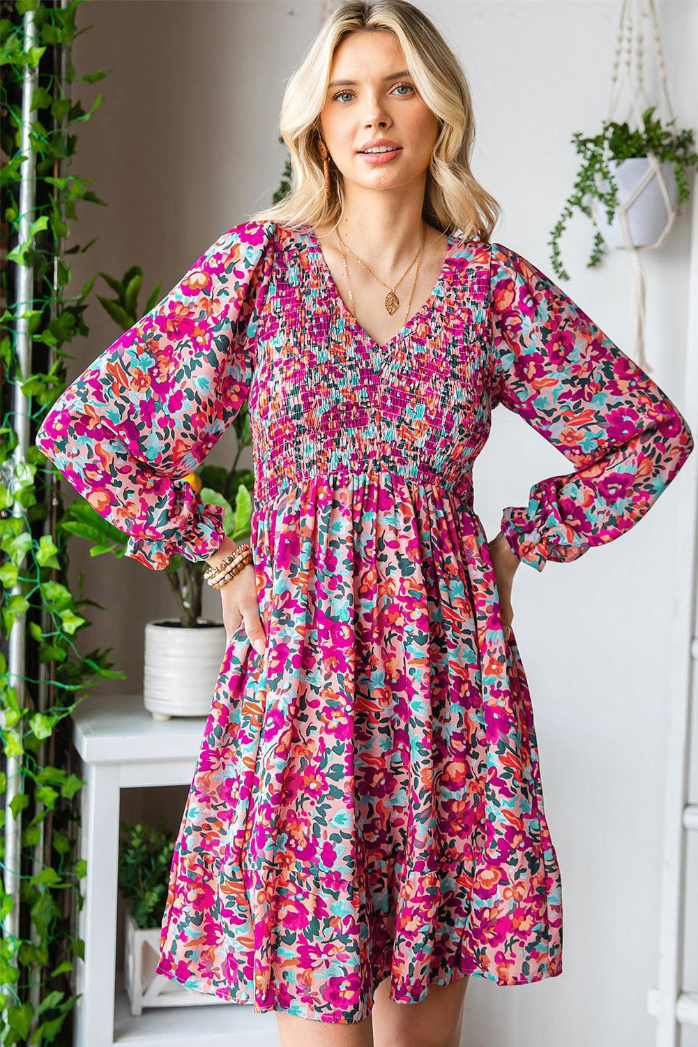 Purple Floral Flounce Dress - Vesteeto