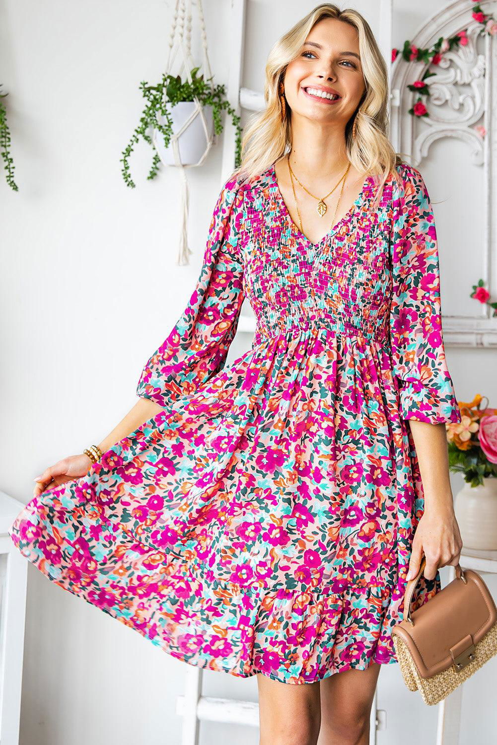 Purple Floral Flounce Dress - Vesteeto