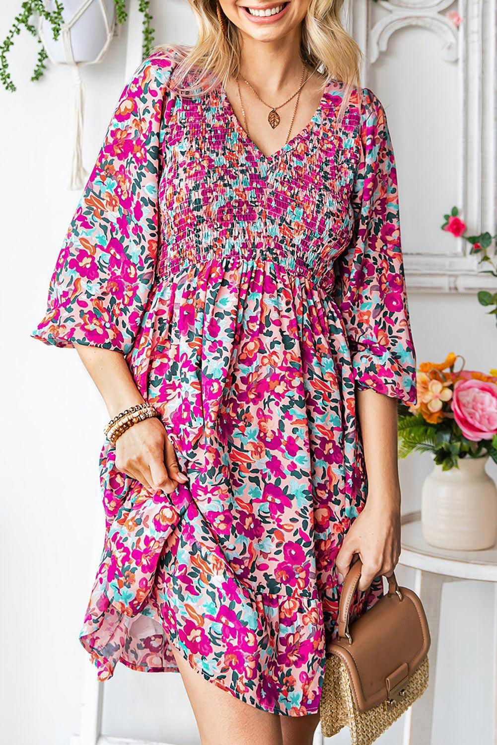 Purple Floral Flounce Dress - Vesteeto