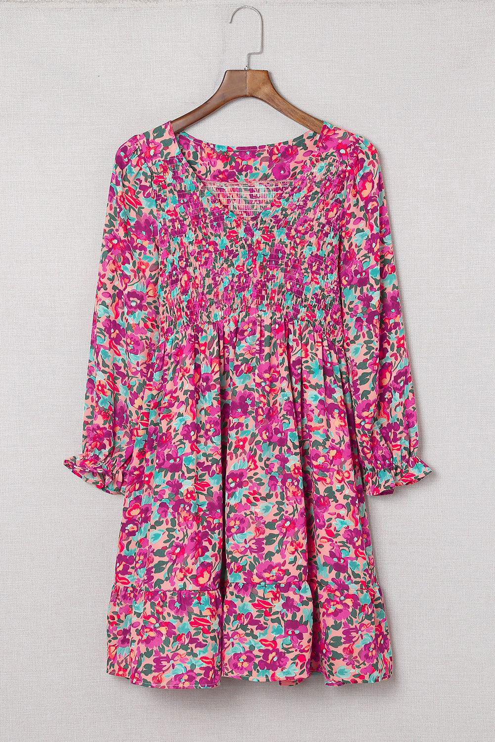 Purple Floral Flounce Dress - Vesteeto