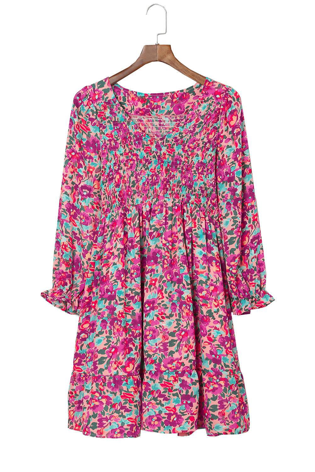 Purple Floral Flounce Dress - Vesteeto