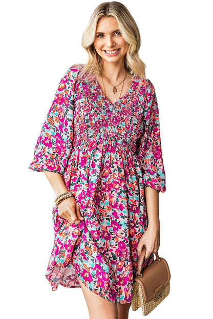 Purple Floral Flounce Dress - Vesteeto