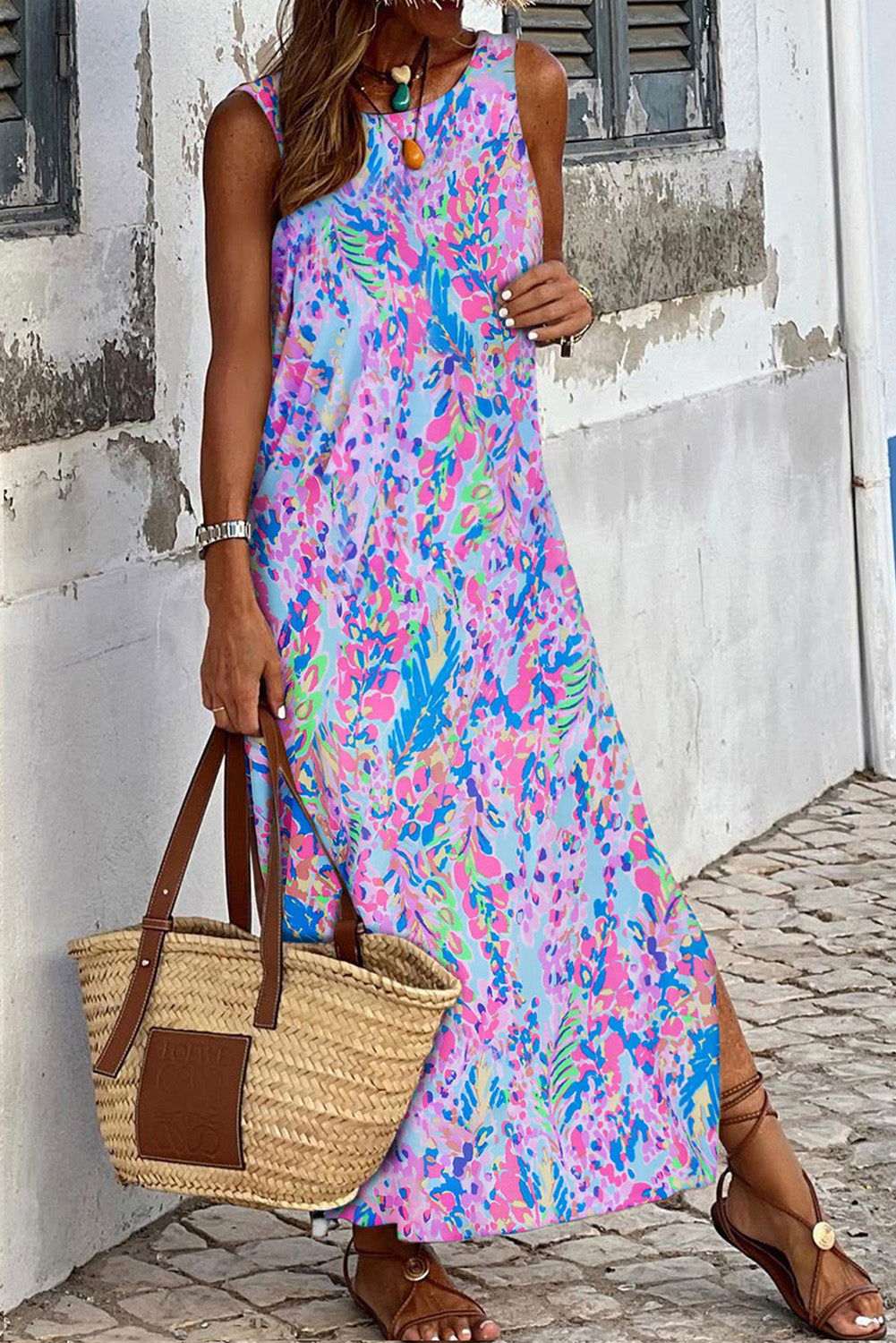 Purple Fluorescent Printed Round Neck	 Sleeveless Maxi Dress - Vesteeto