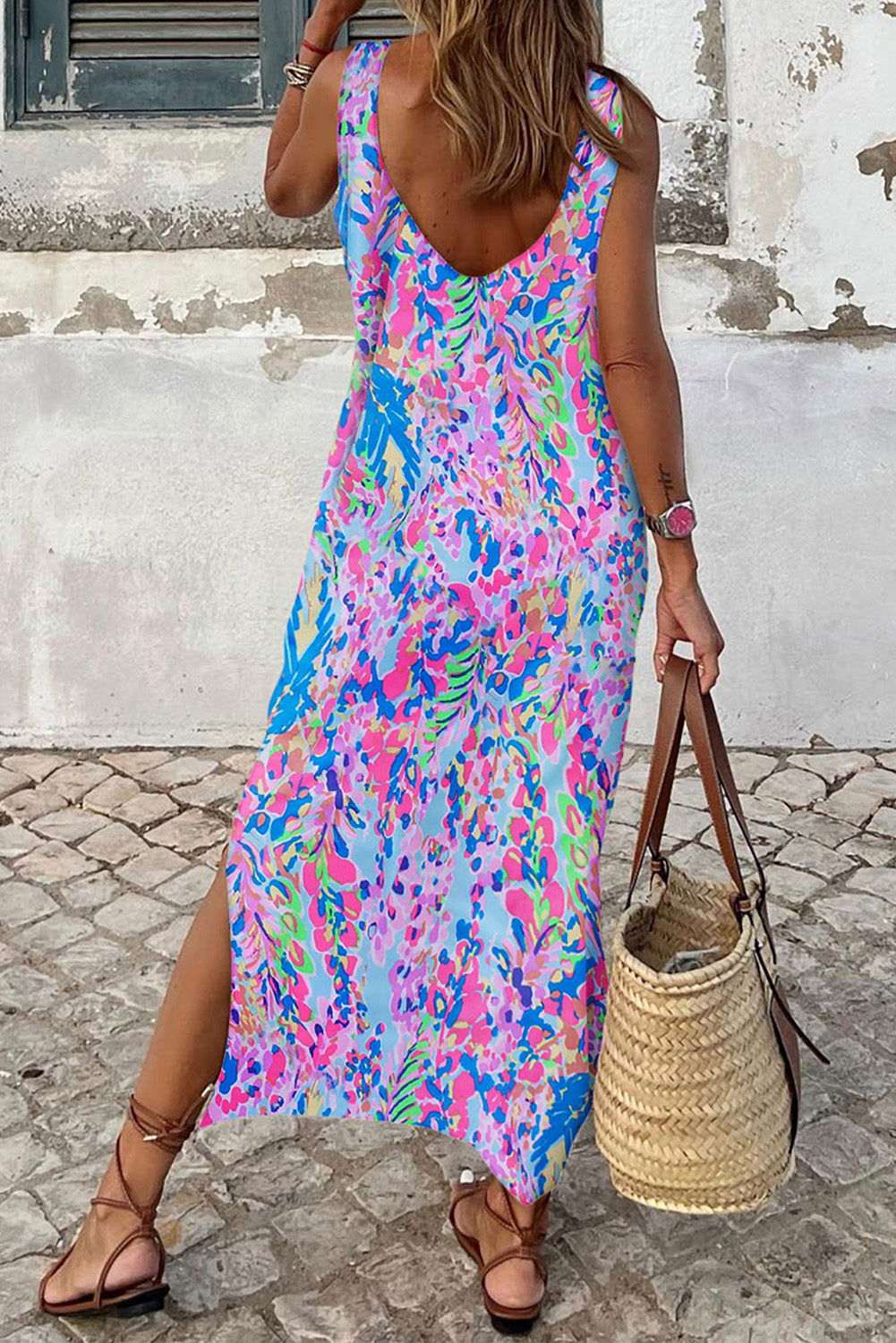 Purple Fluorescent Printed Round Neck	 Sleeveless Maxi Dress - Vesteeto