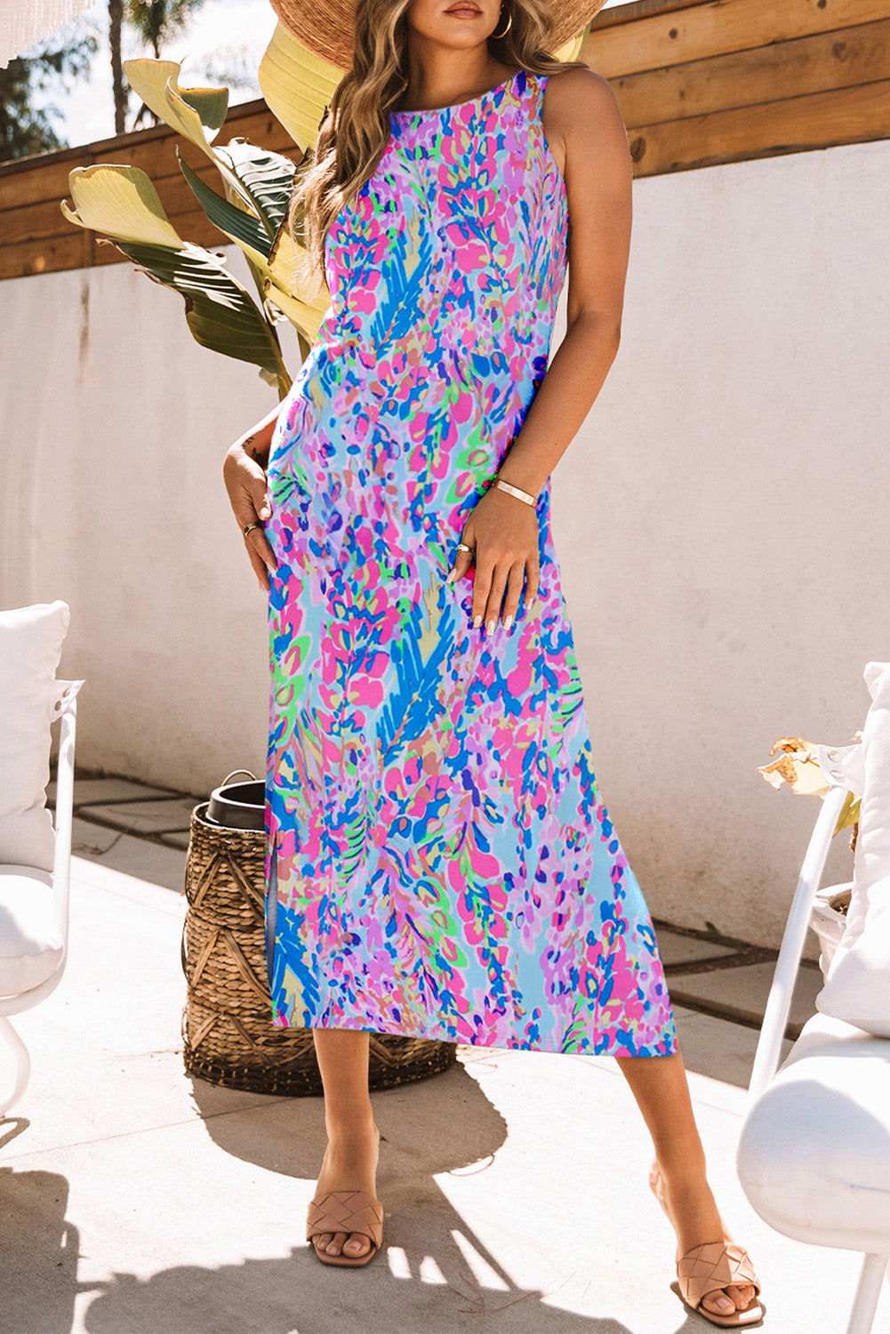 Purple Fluorescent Printed Round Neck	 Sleeveless Maxi Dress - Vesteeto