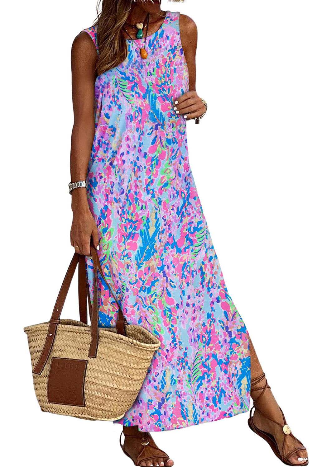 Purple Fluorescent Printed Round Neck	 Sleeveless Maxi Dress - Vesteeto