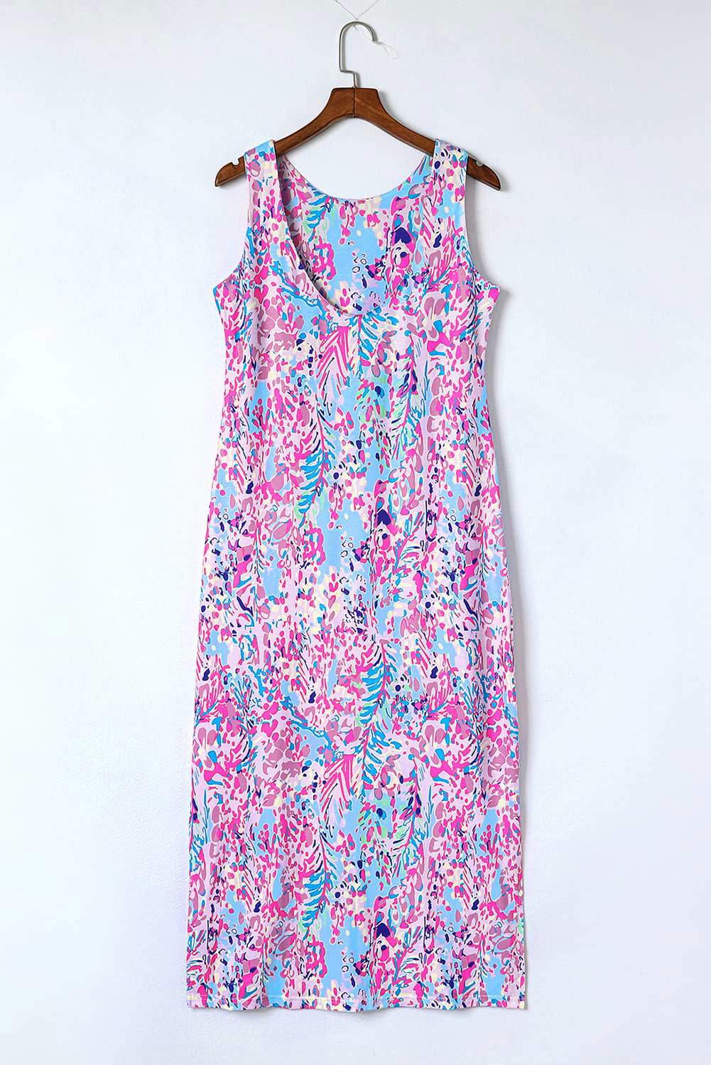 Purple Fluorescent Printed Round Neck	 Sleeveless Maxi Dress - Vesteeto