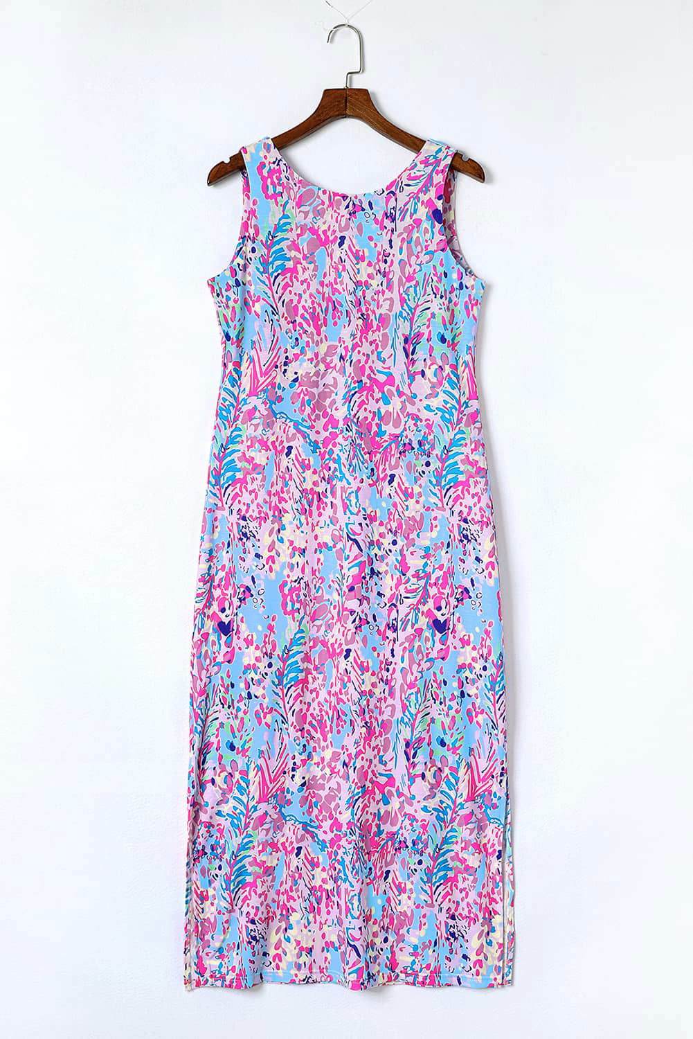 Purple Fluorescent Printed Round Neck	 Sleeveless Maxi Dress - Vesteeto