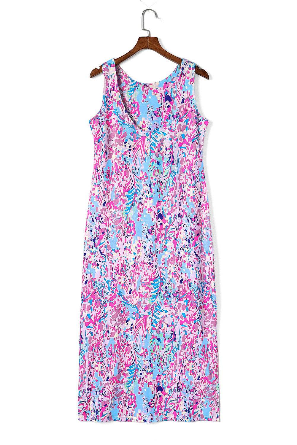 Purple Fluorescent Printed Round Neck	 Sleeveless Maxi Dress - Vesteeto