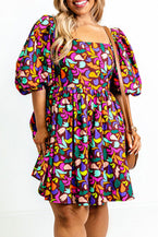 Purple Plus Size Abstract Print Puff Sleeve Short Flare Dress - Vesteeto