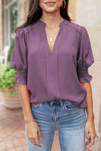 Purple Solid Color Half Sleeve Shirred V Neck Blouse - Vesteeto