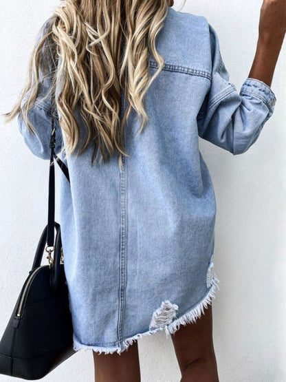 Raw Hem Collared Neck Long Sleeve Denim Jacket - Vesteeto