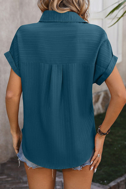 Real Teal Striped Texture Cuffed Short Sleeve Blouse - Vesteeto