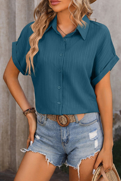 Real Teal Striped Texture Cuffed Short Sleeve Blouse - Vesteeto