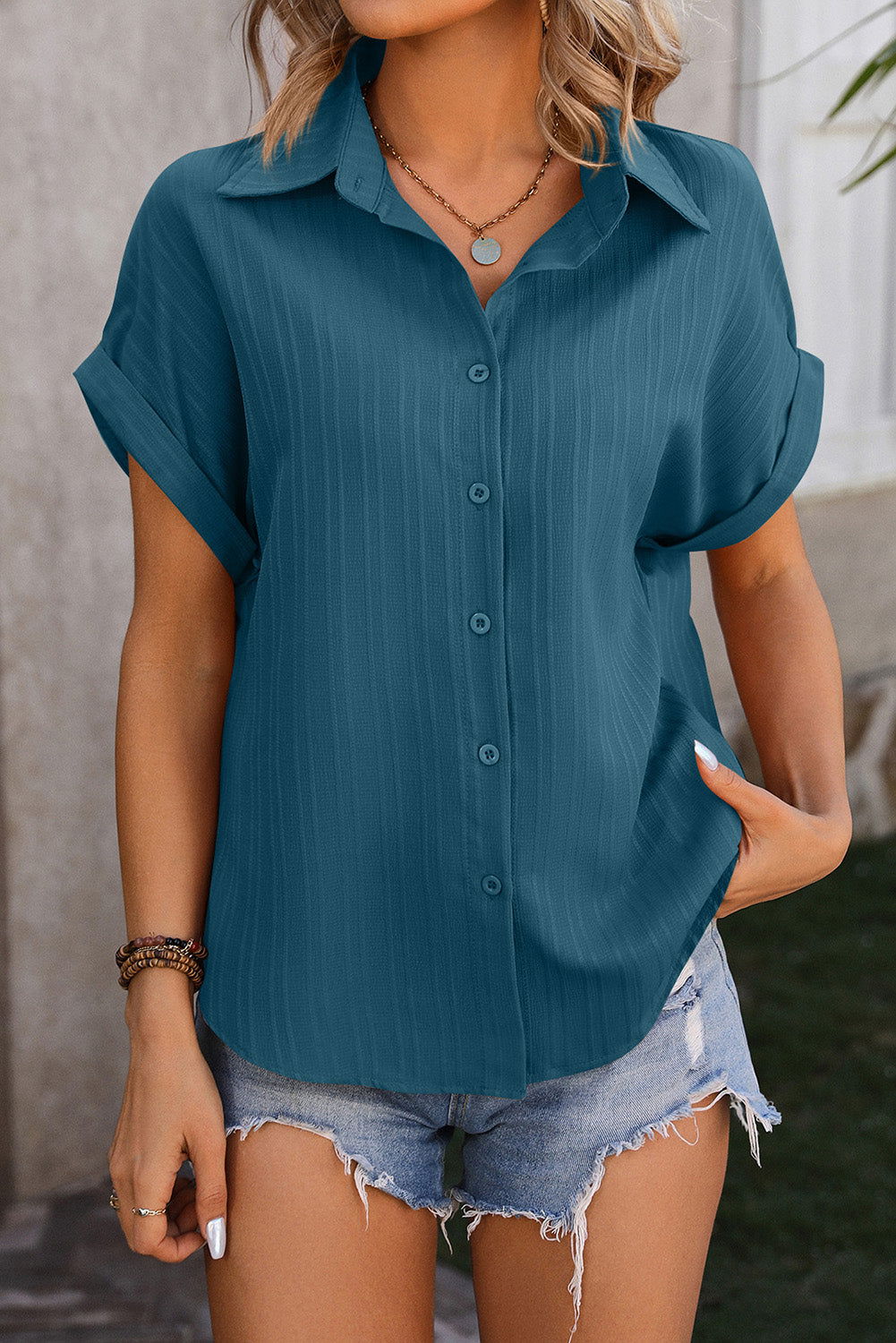 Real Teal Striped Texture Cuffed Short Sleeve Blouse - Vesteeto