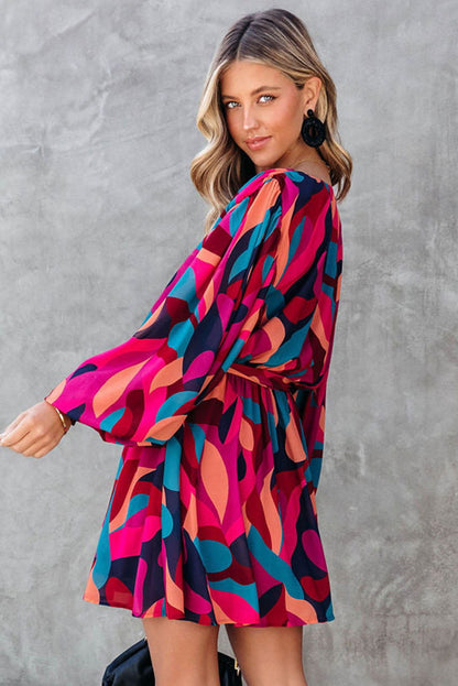 Red Abstract Printed Belted Puff Sleeve Short Dress - Vesteeto