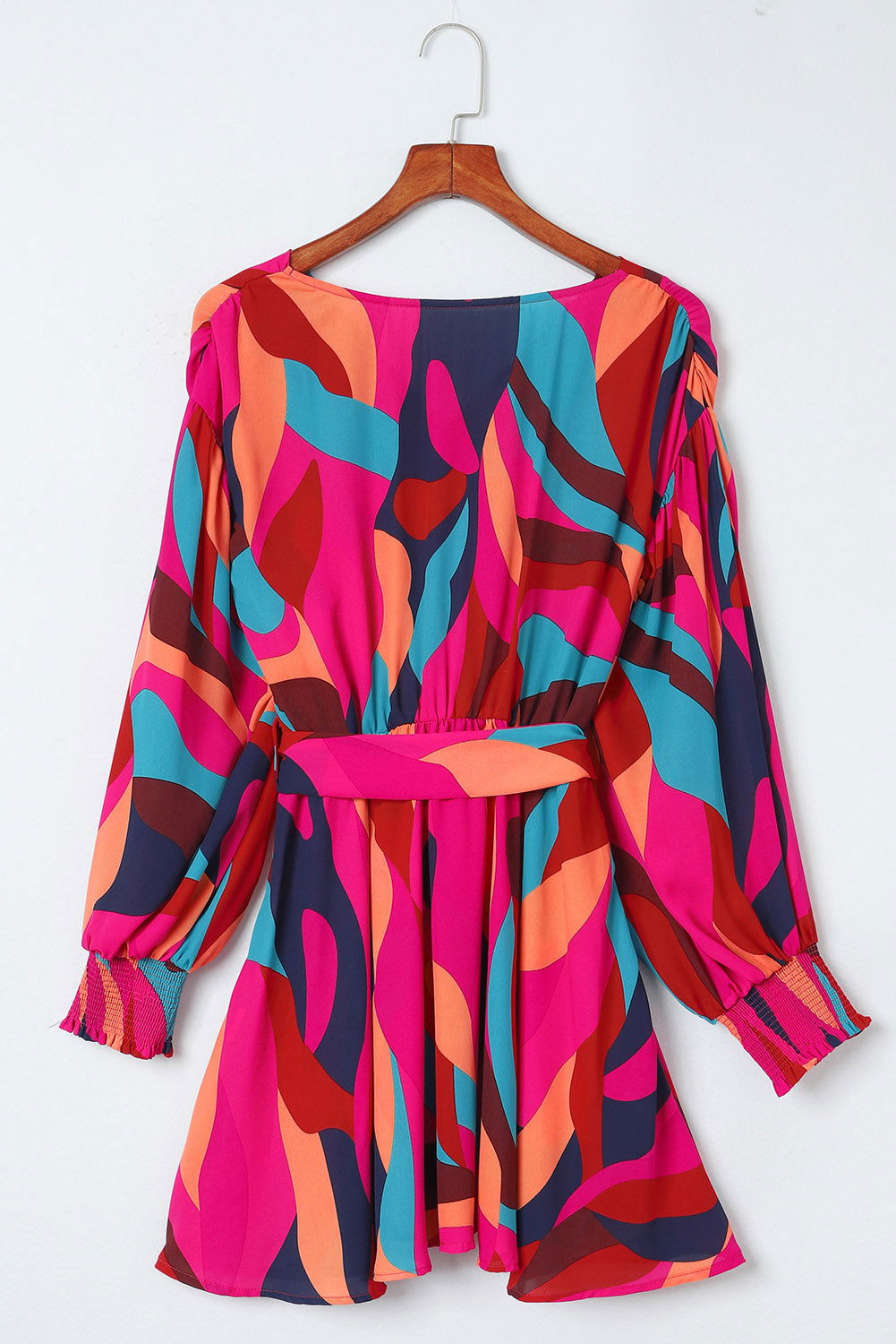 Red Abstract Printed Belted Puff Sleeve Short Dress - Vesteeto