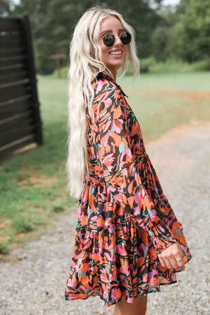 Red Boho Floral Print Shirred Cuffs Mini Tiered Dress - Vesteeto