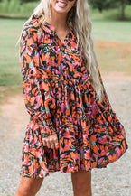 Red Boho Floral Print Shirred Cuffs Mini Tiered Dress - Vesteeto