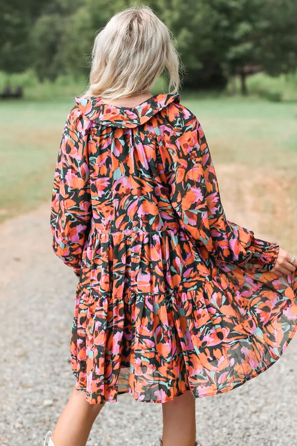 Red Boho Floral Print Shirred Cuffs Mini Tiered Dress - Vesteeto