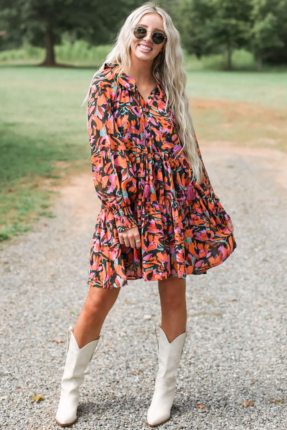 Red Boho Floral Print Shirred Cuffs Mini Tiered Dress - Vesteeto