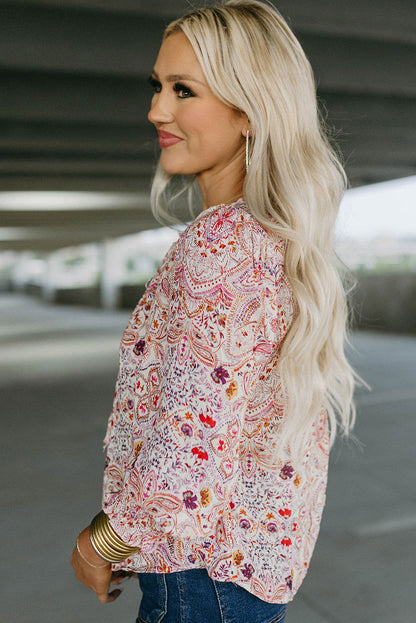 Red Boho Paisley Print Shirred Cuffs Blouse - Vesteeto