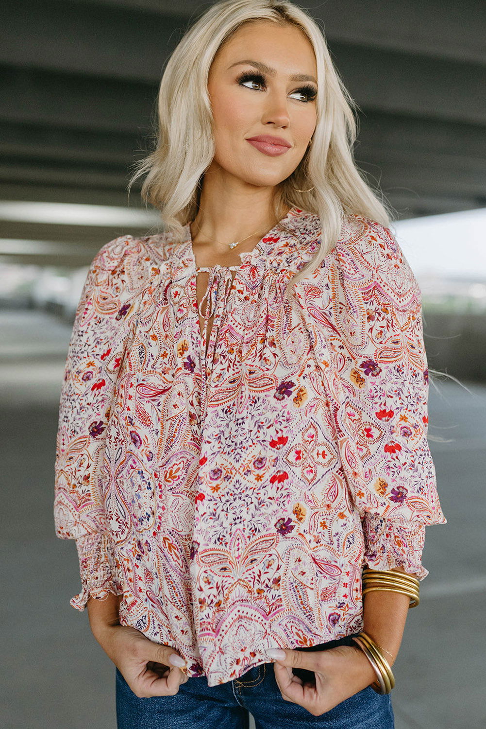 Red Boho Paisley Print Shirred Cuffs Blouse - Vesteeto