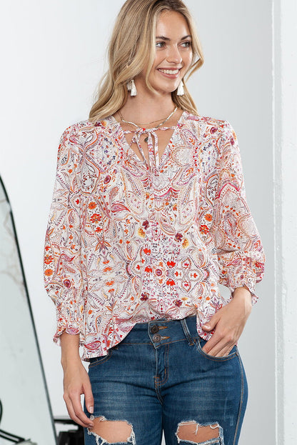 Red Boho Paisley Print Shirred Cuffs Blouse - Vesteeto