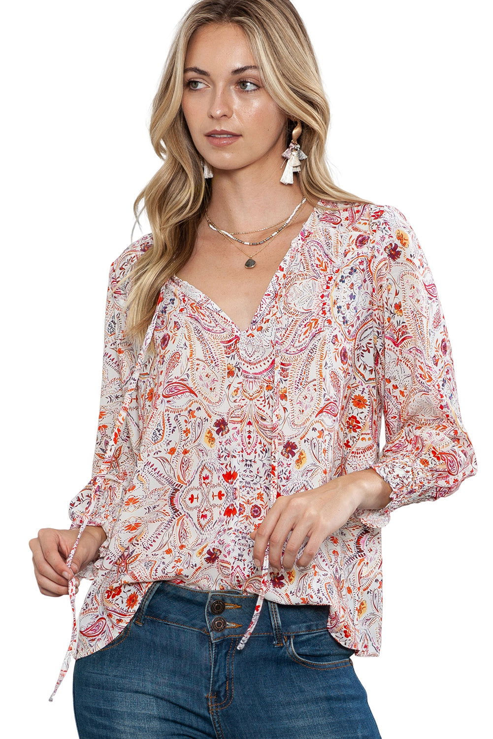 Red Boho Paisley Print Shirred Cuffs Blouse - Vesteeto